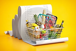 Shopping basket with foods on receipt. Grocery  expenses budget, inflation and consumerism concept