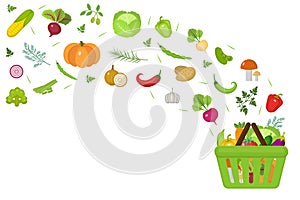 Shopping basket with fresh vegetables. Flat design. Banner space for text, isolated on white background. Healthy