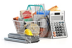 Shopping basket full of construction materials and tools with calculator. Calculating costs of construction and renovation concept
