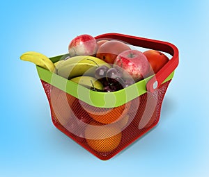 Shopping basket full of fresh fruit 3d render on blue gradient b