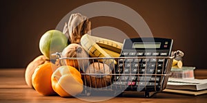 A shopping basket full of groceries with a calculator next to it, symbolizing budget grocery shopping, concept of