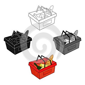 Shopping basket full of groceries icon in cartoon,black style isolated on white background. Supermarket symbol stock