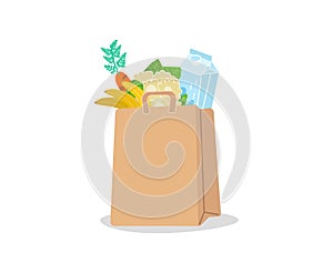 Shopping basket full of groceries products. Eco shopping bags and baskets with food. Vector illustration