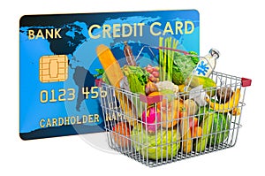 Shopping basket full of grocery products with credit card. Cashless payments concept, 3D rendering