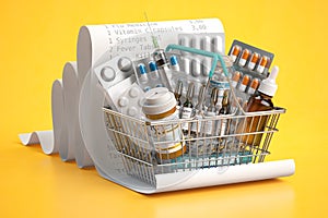 Shopping basket full of medicines, pills, blisters and vaccine on a receipt. Expensive medicine and healthcare concept