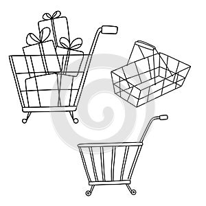 Shopping basket with gifts icon. Doodle vector illustrations set