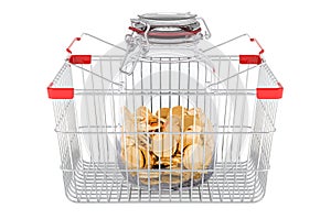 Shopping basket with glass jar full of golden coins, 3D rendering