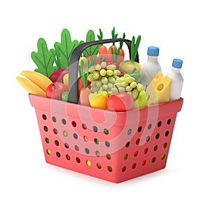 Shopping basket with groceries.  Full red plastic grocery or food cart with products