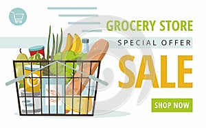 Shopping basket with grocery products on white background. Promotional sale banner.