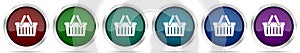 Shopping basket icons, set of silver metallic glossy web buttons in 6 color options isolated on white background