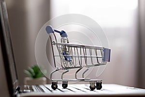 Shopping basket on laptop keyboard. Online store, home shop