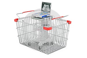 Shopping basket with  medical ultrasound diagnostic machine, scanner. 3D rendering