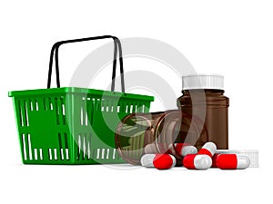 Shopping basket and medicament on white background. Isolated 3d