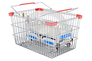 Shopping basket with modern adjustable hospital bed, 3D rendering
