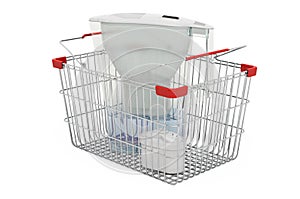 Shopping basket with pitcher water filter, 3D rendering