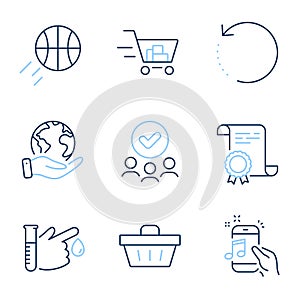 Shopping basket, Shopping cart and Blood donation icons set. Recovery data, Basketball and Music phone signs. Vector