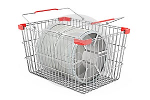 Shopping basket with steel sheet, stainless steel coil. 3D rendering