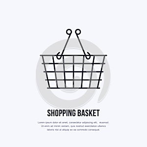 Shopping basket vector flat line icons. Retail store supplies, trade shop, supermarket equipment sign. Commercial