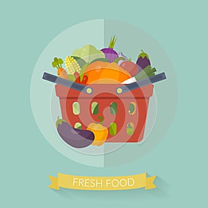 Shopping basket with vegetable in flat style. Vector illustration