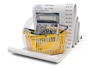 Shopping basket withcalculator on receipt isolated on white. Grocery expenses budget  and consumerism