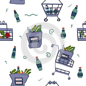 Shopping baskets, bags and trolley seamless pattern