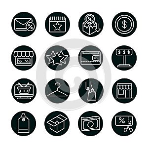 Shopping block and line style icon set vector design