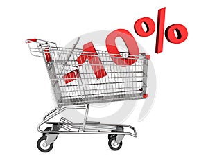 Shopping cart with 10 percent discount isolated on white