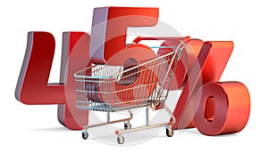 Shopping cart with 45 percent discount sign. 3D illustration. Isolated