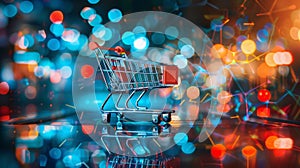 Shopping cart with abstract colorful lights background photo