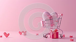 a shopping cart adorned with a pink peripheral gift box, symbolizing the anticipation and love associated with