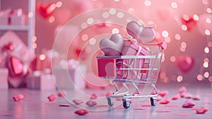 a shopping cart adorned with a pink peripheral gift box, symbolizing the anticipation and love associated with