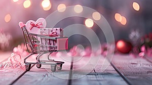 a shopping cart adorned with a pink peripheral gift box, symbolizing the anticipation and love associated with