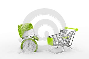 Shopping cart and alarm clock on the snow. Last minutes of christmas sale. Countdown to the end of discounts. Hurry up for gifts.