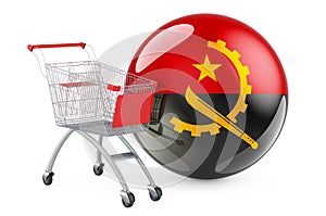 Shopping cart with Angolan flag. Shopping in Angola concept. 3D rendering