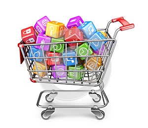 Shopping cart with app icons. 3D Isolated