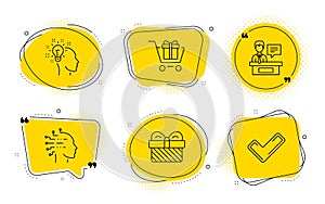 Shopping cart, Artificial intelligence and Exhibitors icons set. Gift, Idea and Tick signs. Vector