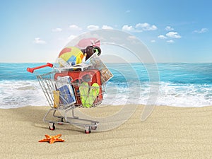 Shopping cart with beach accessories on the beach line. Summer shopping. Sunbed, sunglasses, world map, beach shoes, sunscreen, ai