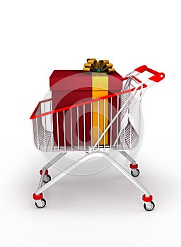 A shopping cart with a big gift box