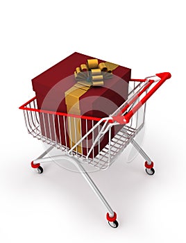 A shopping cart with a big gift box