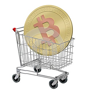 Shopping cart with bitcoin isolated on white background
