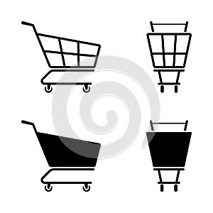 Shopping cart black and white icon set. Vector illustration of supermarket basket outline silhouette pictogram.