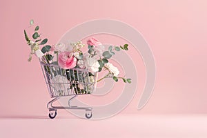 Shopping cart with blooming ranunculus and eucalyptus branches. Spring shopping, sale, discounts. Florist advertisement, copy