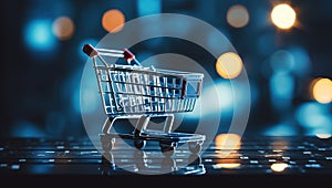 Shopping cart with bokeh background. E-commerce concept