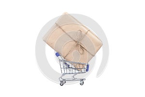 Shopping cart with box on white isolated.