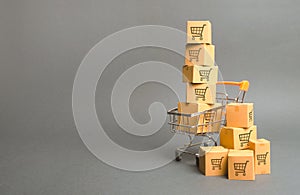 Shopping cart and boxes with drawing of smaller carts. goods sale. commerce, online shopping. Purchasing power, delivery order.