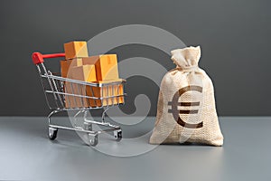 Shopping cart with boxes of goods and euro money bag.