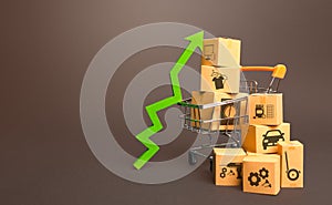 Shopping cart with boxes and green up arrow. Growth trade production, increased sales rate. Improving consumer sentiment. High