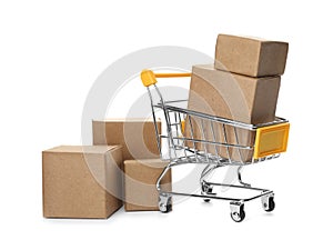 Shopping cart and boxes isolated. Logistics and wholesale concept