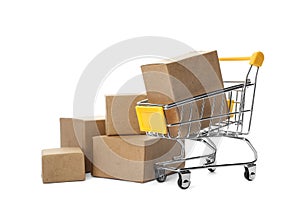 Shopping cart and boxes isolated. Logistics and wholesale concept