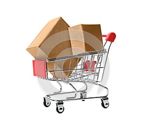 Shopping cart with boxes isolated. Logistics and wholesale concept